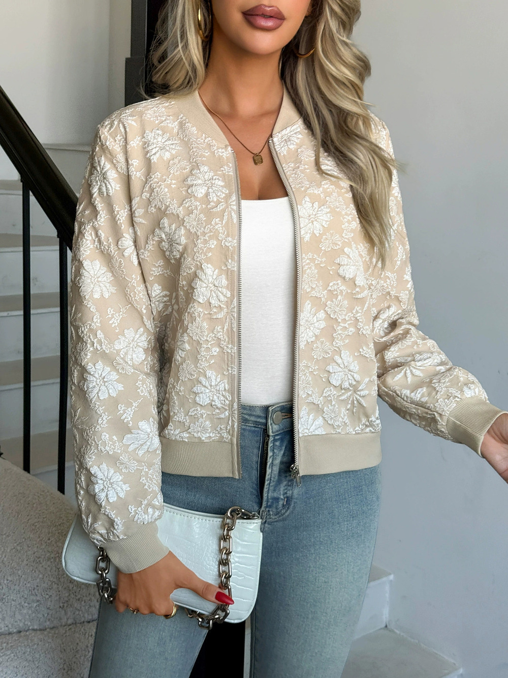 Zara Oversized Jacquard Zip Jacket Casual Commuter Outerwear